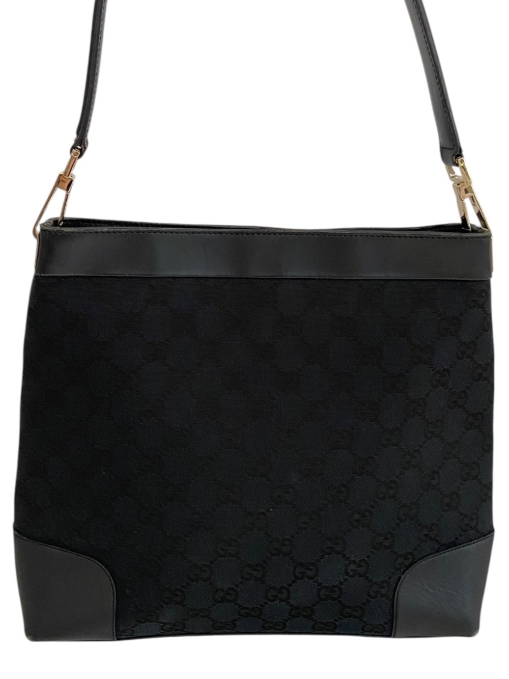 Gucci Black GG Print Canvas + Black Leather Shoulder Bag Gold Hardware Authentic